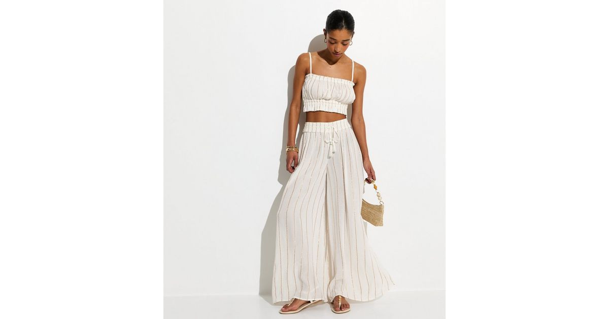 White Striped Pattern Shirred Wide Leg Trousers | New Look | New Look (UK)