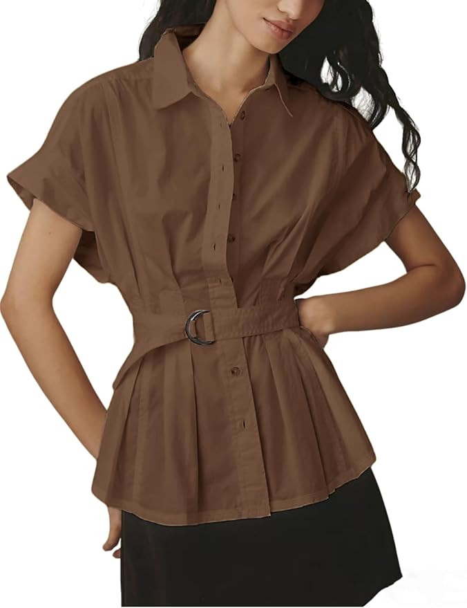 APAFES Womens Shirts Pleated Short Sleeve Button Down Tops Summer Casual Lightweight Waist Belted... | Amazon (US)