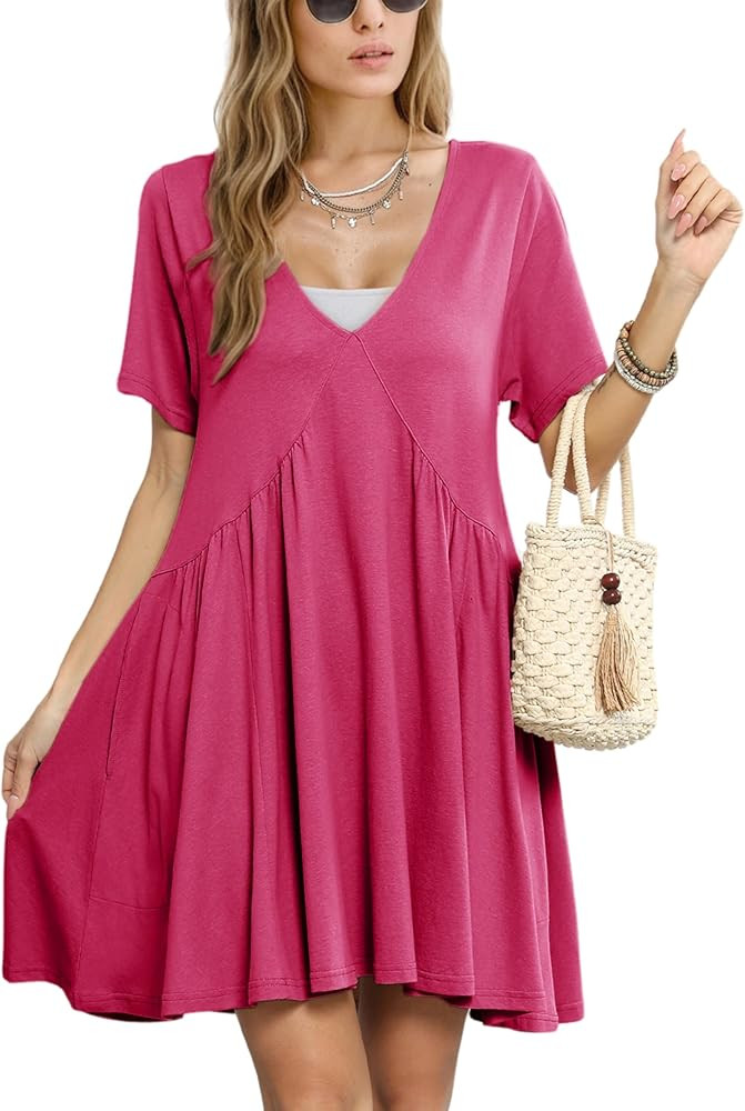 Gozoloma Women Summer Short Sleeve Mini Dress Casual Loose V Neck Flowy Sundress Vacation Tshirt ... | Amazon (US)