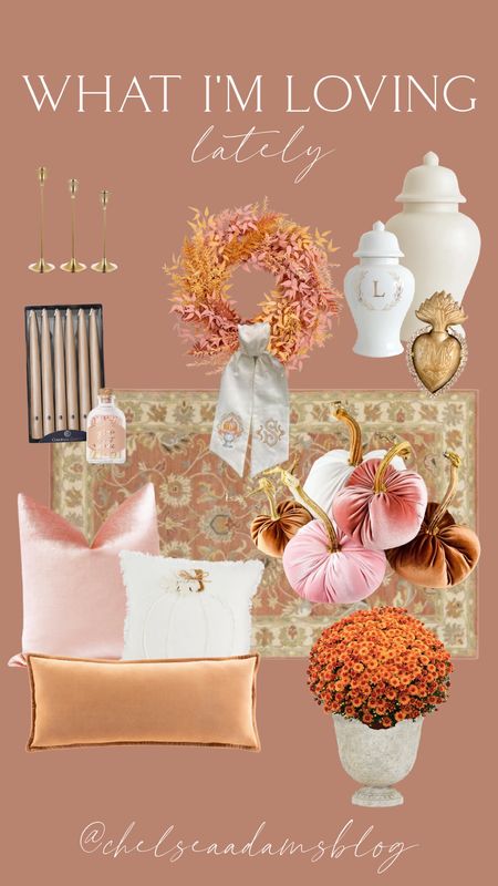 Fall home decor
Pink fall decor
Pink pumpkin
Velvet pumpkin
Pink and orange fall decor
Pink and gold fall
Fall rug
Ginger jar styling
Sacred heart
Colonial taper candles
Blush fall decor
Brass candlestick holder
Pink velvet pillow
Pumpkin pillow
Pumpkin throw pillow
Camel pillow
Warm fall decor
Grandmillenial
Autumn decor
Planter
French decor
Fall french home
Pottery barn fall
Monogram wreath sash
Fall wreath
Pink fall wreath


#LTKhome #LTKunder50 #LTKstyletip