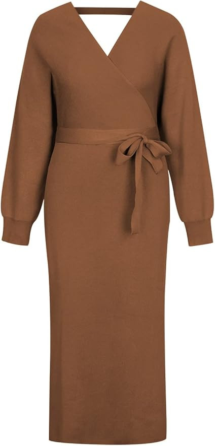 Fixmatti Women's Elegant V Neck Wrap Knit Dresses Batwing Sleeve Backless Slit Maxi Dress with Be... | Amazon (US)