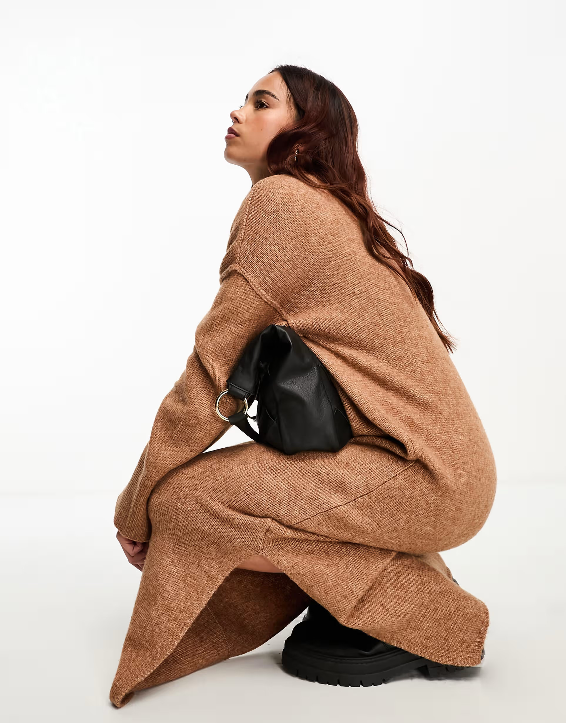 ASOS DESIGN oversized knitted midi dress with crew neck and seam detail in camel | ASOS (Global)