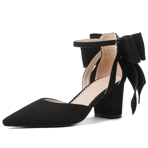 Yremael Women's Black Pointed Toe Pumps Bow Ankle Strap Chunky High Heels Dress Wedding Shoes | Amazon (US)