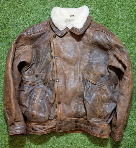Great Vintage 1970s Brown Leather Sheepskin Flight Bomber Aviator Jacket M | eBay UK