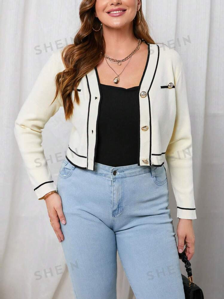 SHEIN Essnce Plus Contrast Trim Button Front Cardigan, For Winter | SHEIN