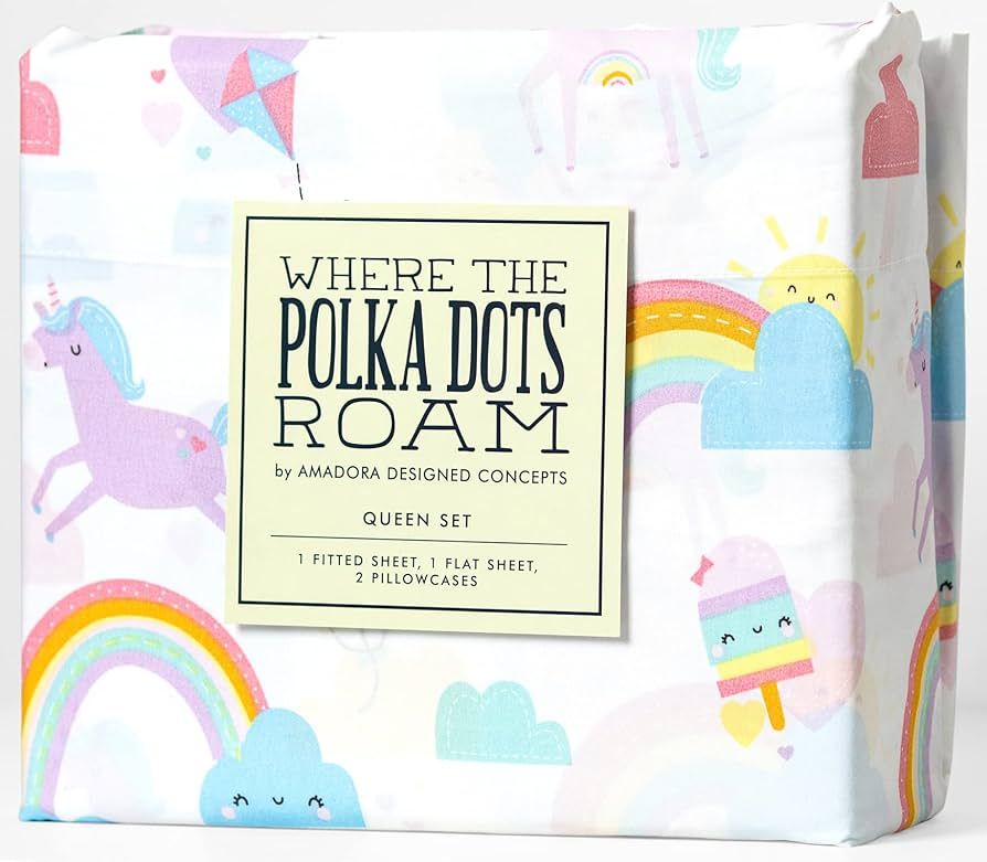 Where The Polka Dots Roam Rainbow and Unicorn 4 Pieces Full Bed Sheet Set |Super Soft Premium Bed... | Amazon (US)