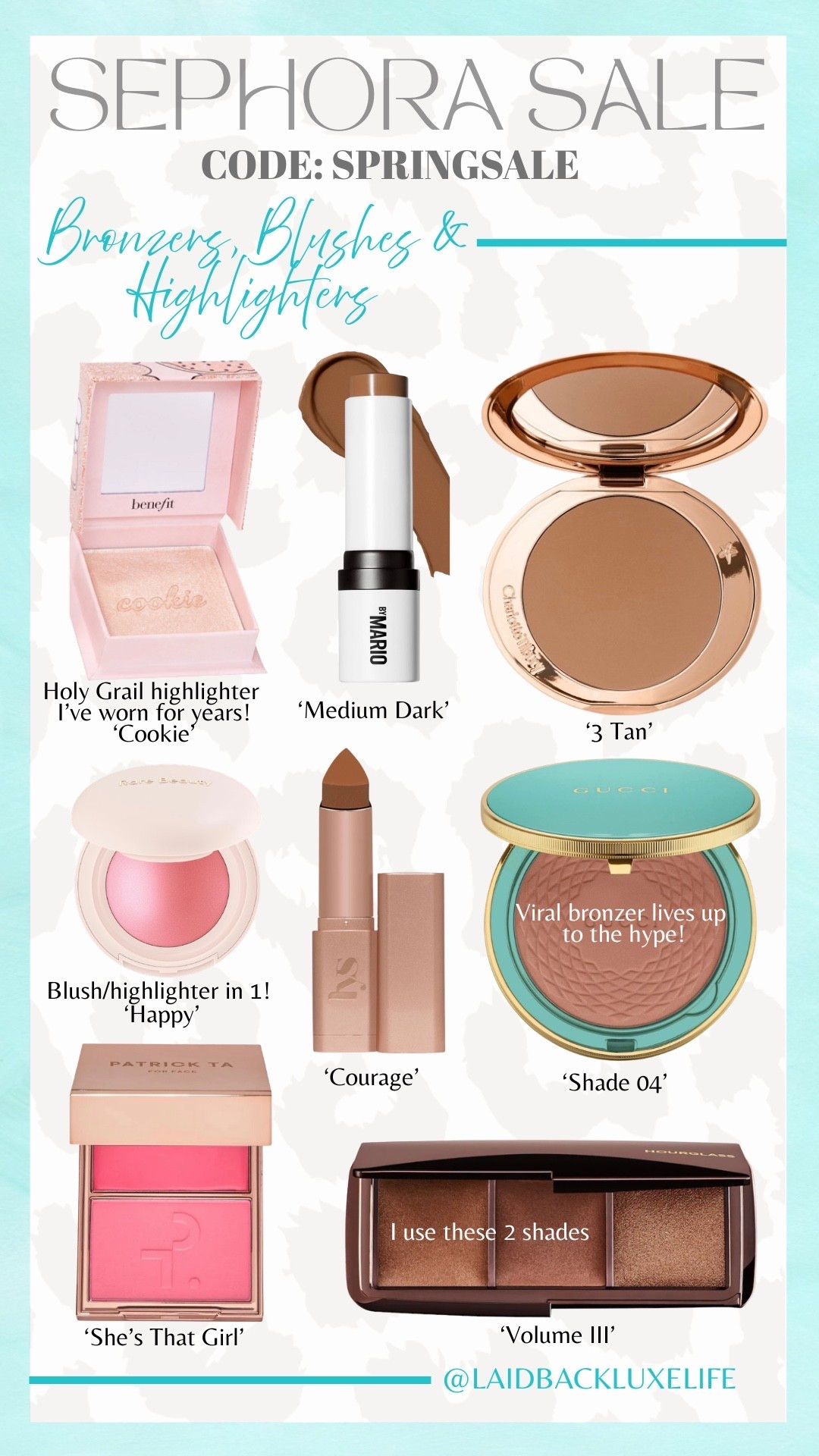 The @Sephora Savings Event is here!! All members can now shop! Use code SPRINGSALE at checkout. The Sephora Collection is 30% off for everyone!  Sharing my favorite blushes, bronzer’s and highlighters! Linked my favorite blush and bronzer brushes too. #LaidbackLuxeLife

Shades:

✨Highlighter ‘Cookie’
✨Rare Beauty blush ‘Happy’
✨Patrick Ta duo blush ‘She’s That Girl’
✨Makeup by Mario contour stick ‘Medium Dark’
✨LYS contour stick ‘Courage’
✨CT bronzer ‘3 Tan’
✨Gucci bronzer ‘04’
✨Hourglass bronzer palette ‘Volume III'

Hey Beautiful! Feel free to comment on this post if you have any questions! 🫶🏽

Follow me for more fashion finds, beauty faves, lifestyle, home decor, sales and more! So glad you’re here!! XO, Karma

#LTKOver40 #LTKBeauty #LTKSaleAlert