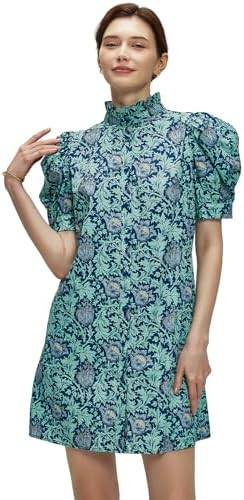 Women Summer Floral Mini Dress Ruffle Neck Puffer Sleeve Boho Beach Shift Dresses | Amazon (US)