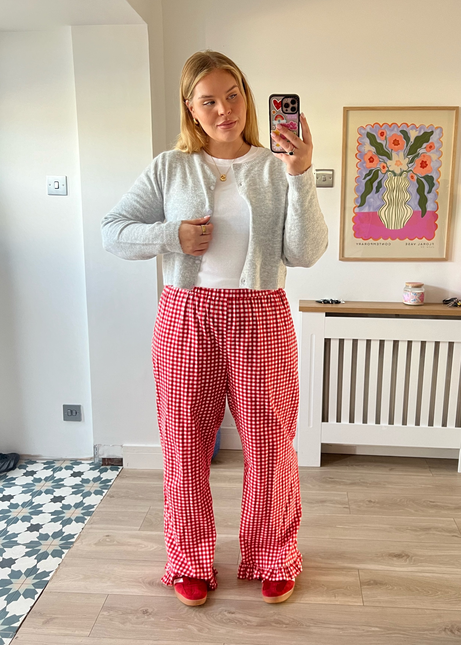 Autumn outfit. Transitional outfit. Pop of red. Gingham trouser. Grey cardigan. White tee.  Basics. Red gazelle. ASOS. In the style. Topshop. 

#LTKautumn #LTKmidsize #LTKuk
