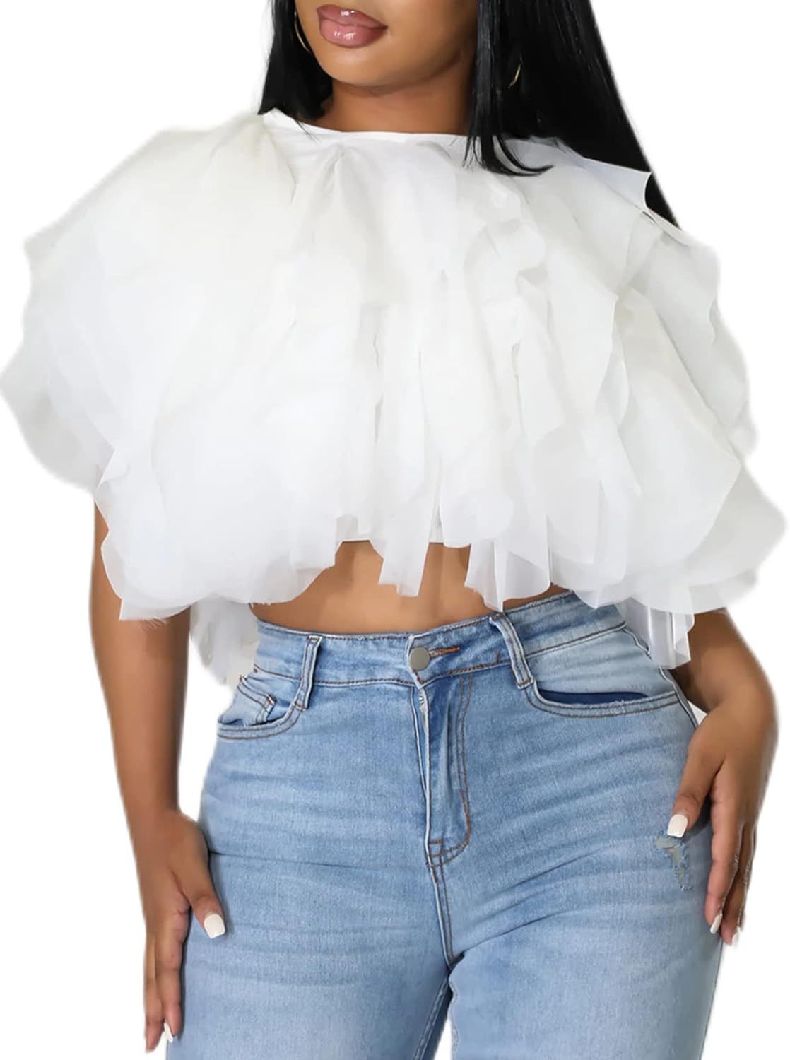 Ekaliy Women's Casual Flowy Puffy Tulle Short Blouse Layered Tops White S at Amazon Women’s Clo... | Amazon (US)
