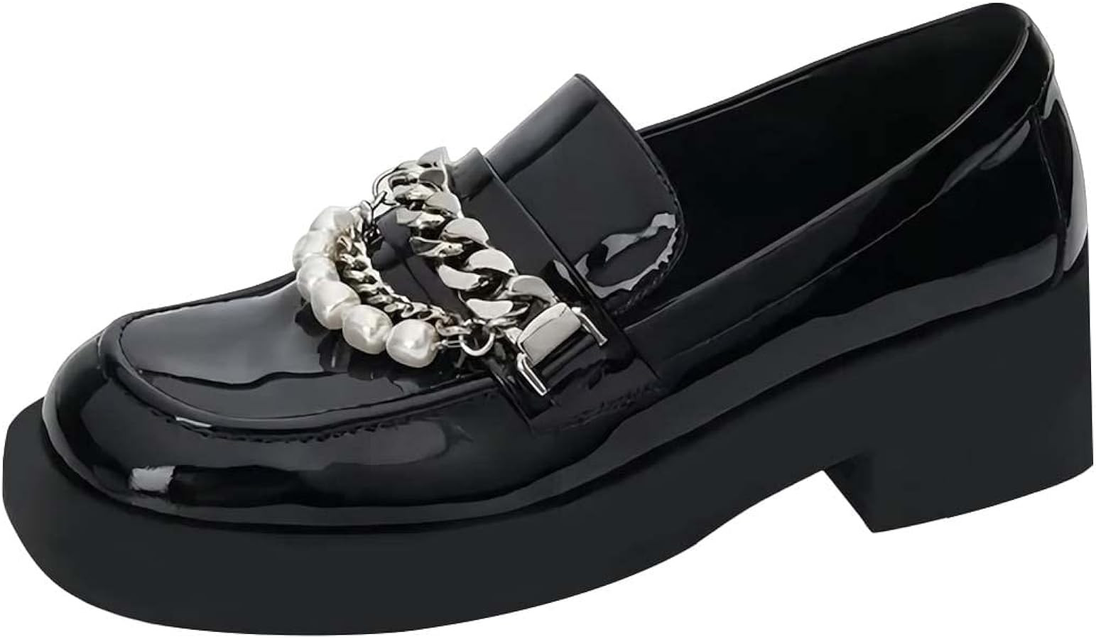 XYD Women Chic Platform Closed Square Toe Slip On Chains Pearl Loafer Patent Leather Low Chunky H... | Amazon (US)
