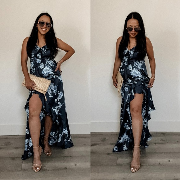 Navy Blue Satin Floral Ruffle Maxi Dress (L) | Poshmark