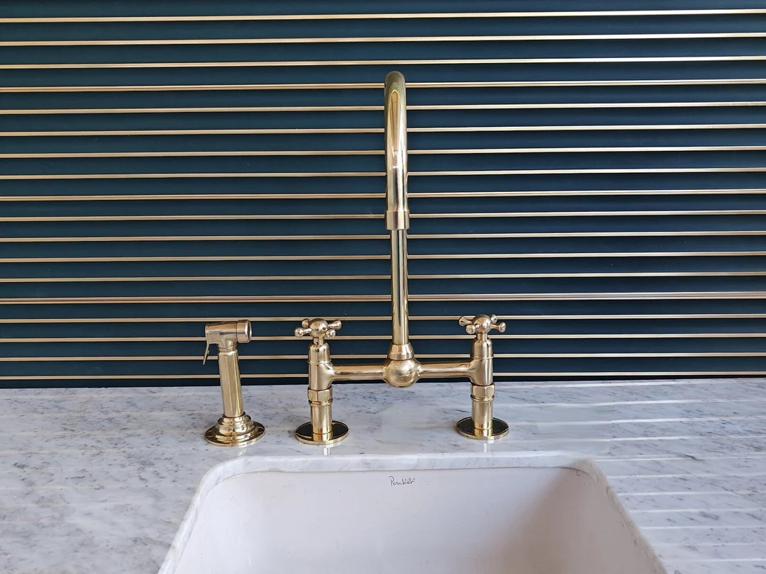 Unlacquered Brass Kitchen Faucet, Solid Brass 8 Bridge Faucet With Cross Handles and Straight Leg... | Etsy (US)