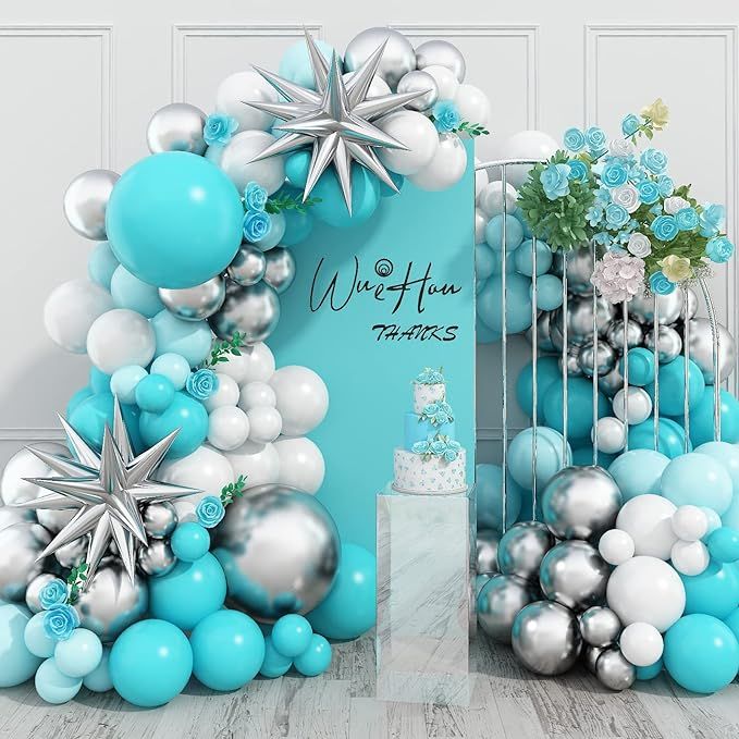 Teal Balloon Arch Kit, Teal Silver Balloon Garland with Teal White and Silver Latex Balloons, Tea... | Amazon (US)