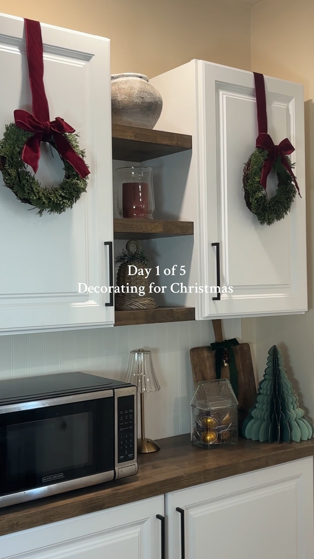 Day 1- Wreaths on Kitchen Cabinets 
Adding a few wreaths with ribbons is such an easy way to bring Christmas into the kitchen!

The wreaths are from hobby lobby and the ribbon is from home goods

Christmas diy, Christmas kitchen inspo, Christmas wreaths, Christmas ribbons, wreaths on cabinets, holiday decorating 

#LTKHome #LTKStyleTip #LTKHoliday