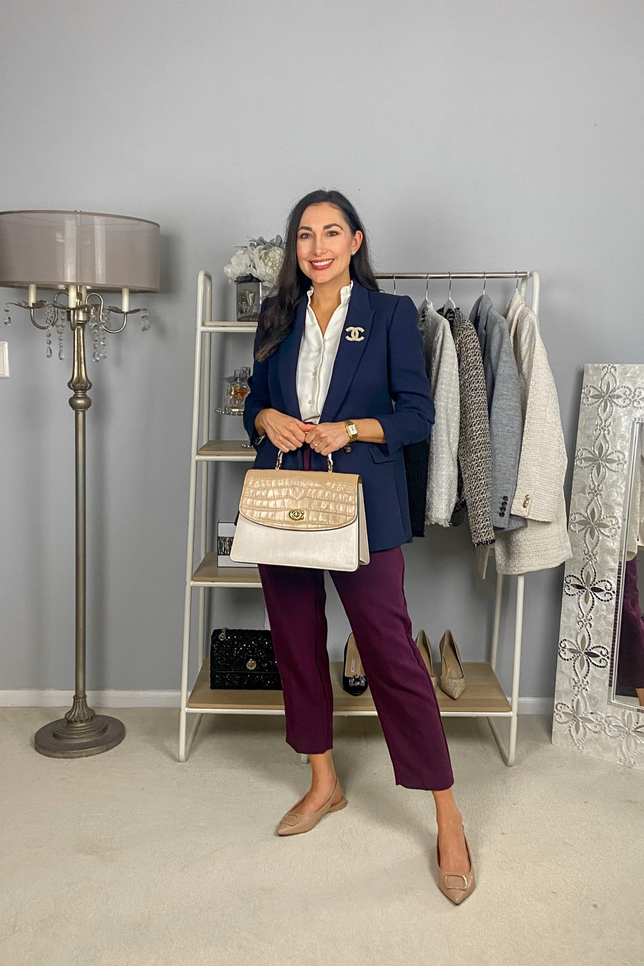Fall work outfit 💙💜

Navy blazer size 2, fits oversized (goes in/out of stock)
Sleeveless ruffle neck shell size xs, TTS
Burgundy pants (linked similar)
Nude sling back flats size 7, TTS

#LTKSeasonal #LTKshoecrush #LTKworkwear