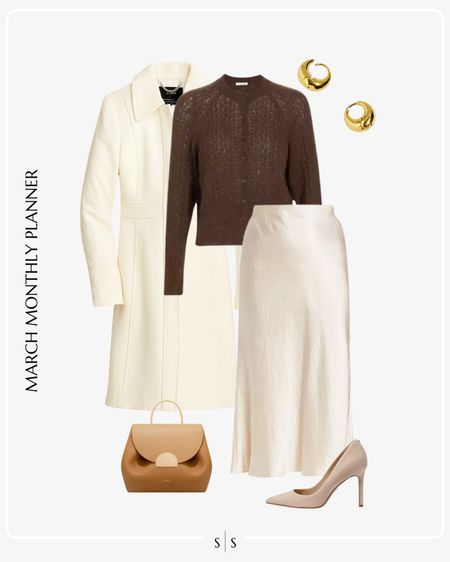 Monthly outfit planner: MARCH: Winter to Spring transitional looks | top coat, brown sweater cardigan, satin slip skirt, pump, hoops

Workwear, 9 to 5 office attire 

See the entire calendar on thesarahstories.com ✨ 


#LTKstyletip