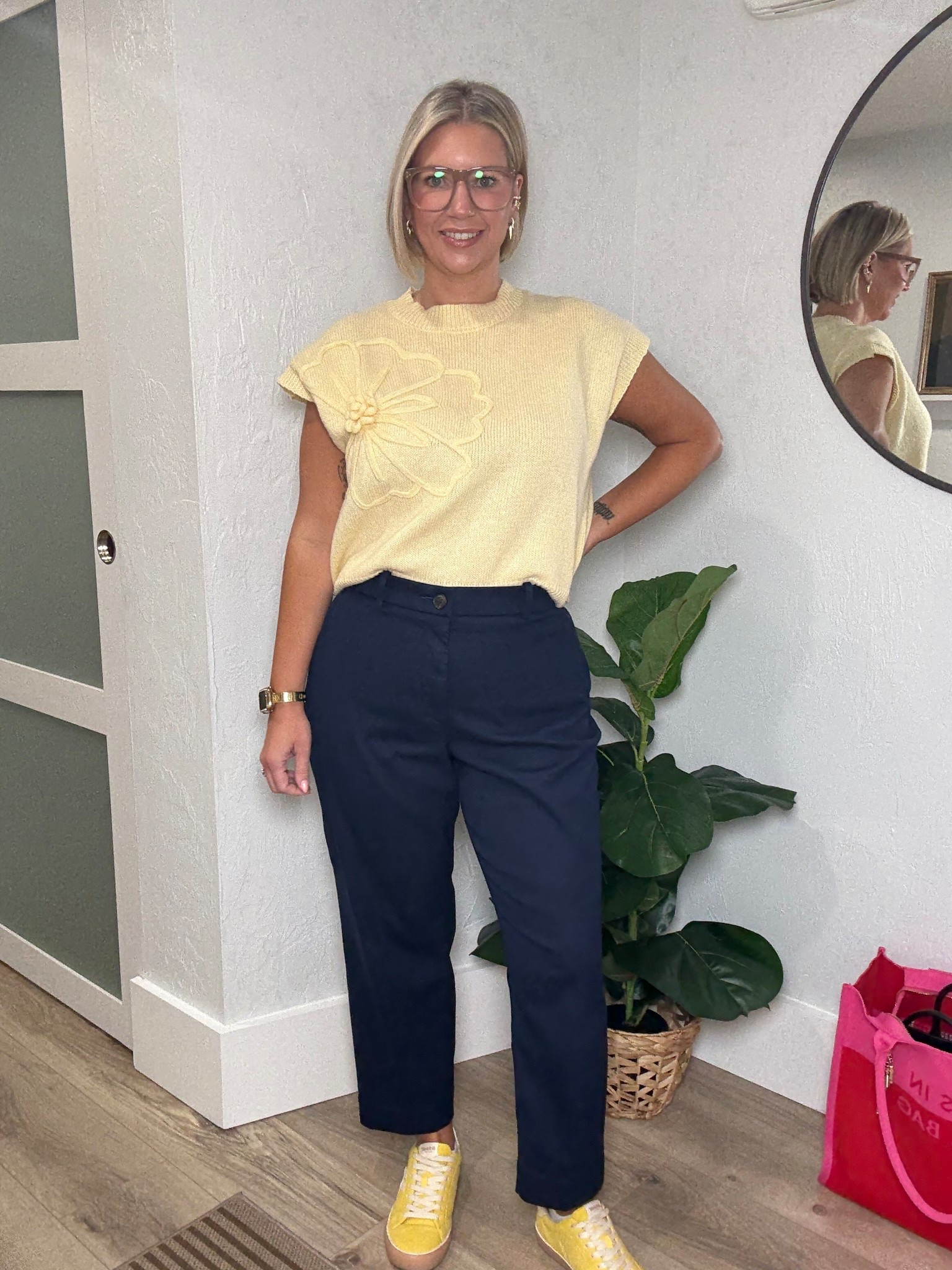 I love just about any color paired with Navy and today’s choice was yellow! 

Sweater is from SHEIN. I’m wearing a large and it fits tts. 

Pants are from Spanx. I’m wearing a large and they fit tts. 

Sneakers are from Target. 

Use code LEEANN for 10% off your order at Melinda Maria

Casual workwear, casual Friday, 

#LTKMidsize #LTKStyleTip #LTKWorkwear