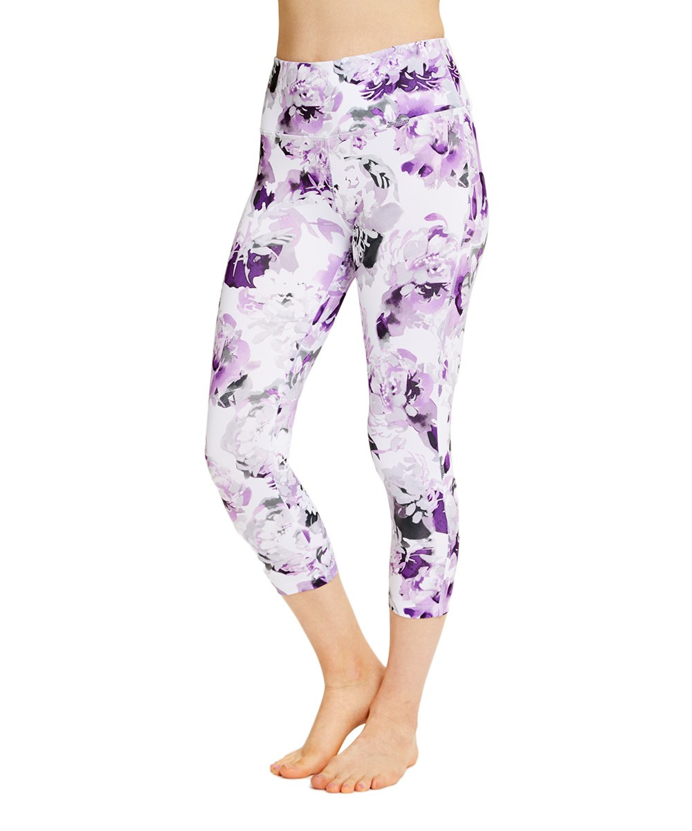 VOGO Women's Active Pants plum - Plum Floral Capri Leggings - Women | Zulily