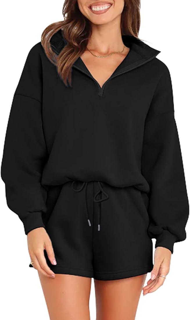 Lingswallow 2 Piece Lounge Sets for Women - Oversized Sweatshirt and Shorts Half Zip Fleece Sweat... | Amazon (US)