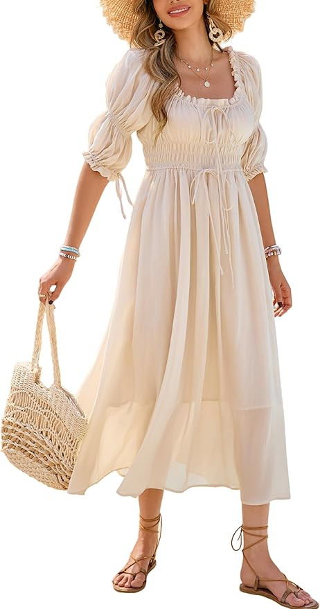 R.Vivimos Women's Summer Square Neck Midi Dress 2026 Casual Puff Half Sleeve Elastic Empire Waist... | Amazon (US)