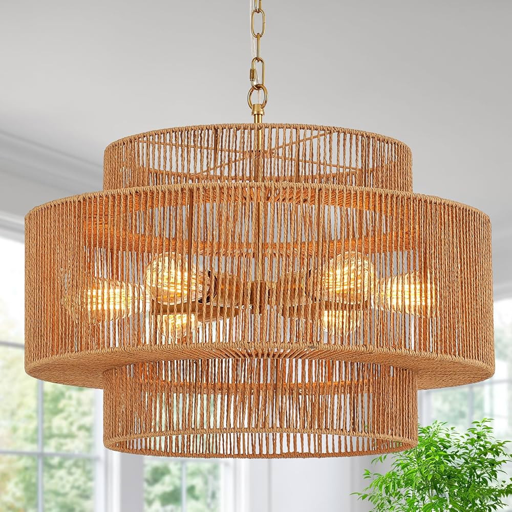 Hand-Woven Rattan Chandelier Vintage Farmhouse 6-Lights Boho Bamboo Chandelier Light Fixture 23.6... | Amazon (US)