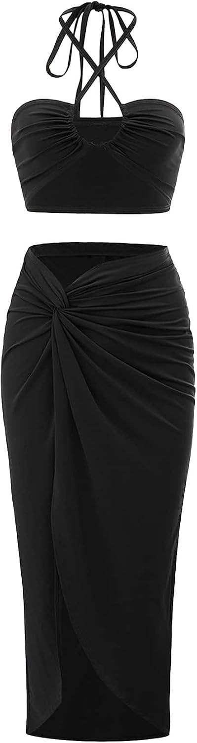 BEAUDRM Women's 2 Piece Solid Tie Back Criss Cross Halter Top and Twist Front Skirt Sets | Amazon (US)