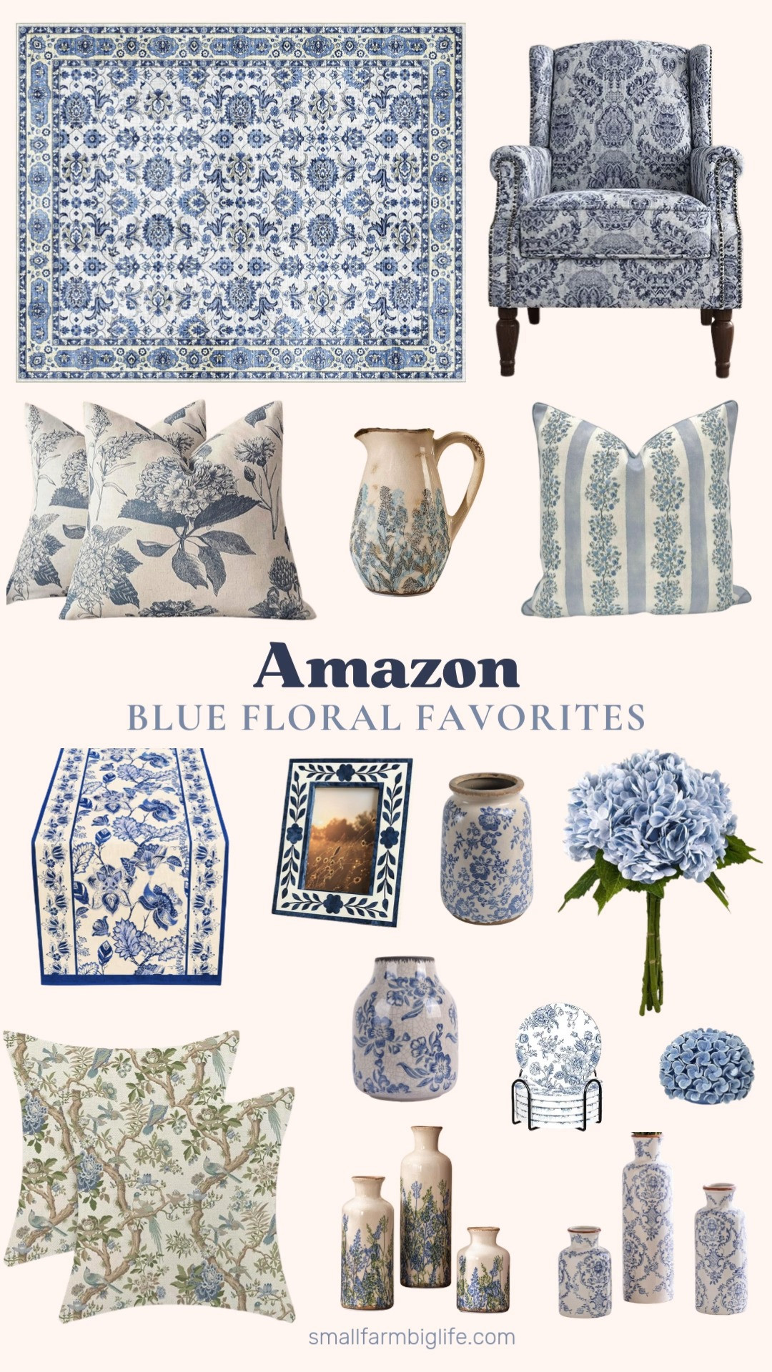 Blue floral forever 💙✨

These Amazon blue floral home favorites bring that timeless chinoiserie charm with hydrangea vases, vintage inspired ceramic sets, block print pillows, and a gorgeous Delft blue area rug. From floral accent chairs to bud vases, table runners, and classic blue and white decor, these pieces create a layered, collected look that feels elegant but still cozy 🌿 

 #LTKHome