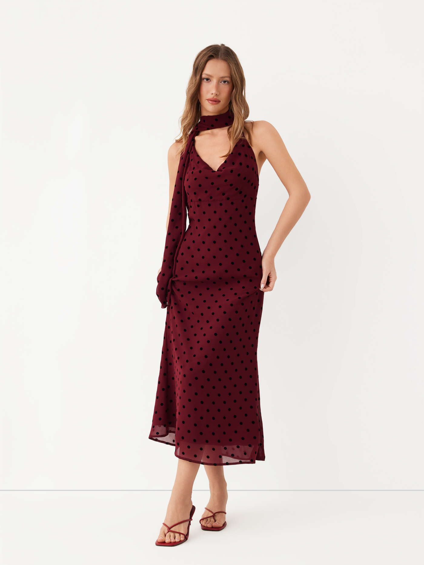 CHIFFON HALTER NECK POLKA DOT WRAP MAXI DRESS | Cider