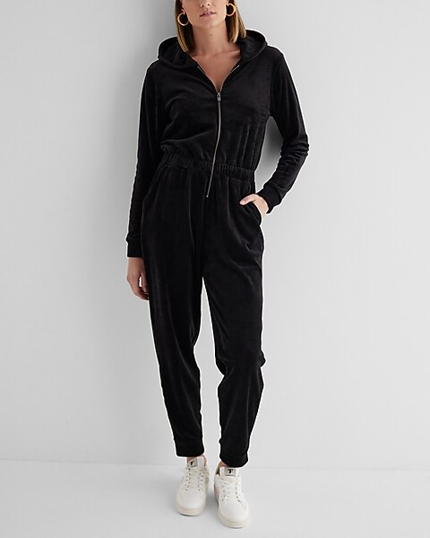 Velour Zip Up Hooded Jumpsuit | Express