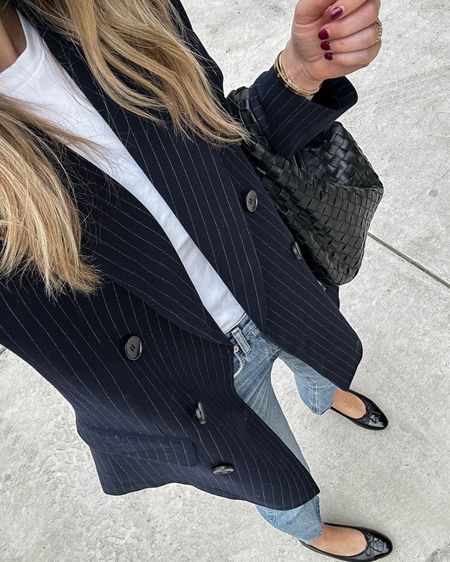 Pinstripe blazer outfit (size small) white tshirt (small) AGOLDE jeans, black Chanel ballerina flats, #fashionjackson #blazer #balleflats #jeans 

#LTKSeasonal #LTKstyletip #LTKworkwear