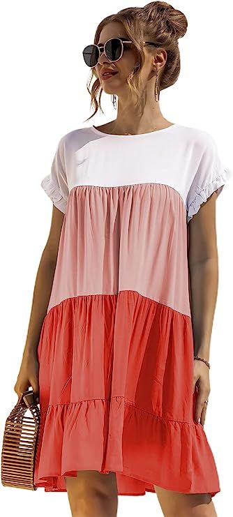 Floerns Women's Colorblock Short Sleeve Loose Tiered Ruffle Smock Mini Dress | Amazon (US)
