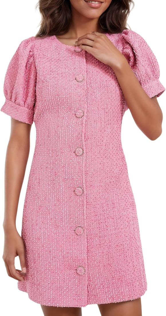Womens Tweed Jackie Dress Elegant Crew Neck Puff Short Sleeve Button Down Mini Dress | Amazon (US)