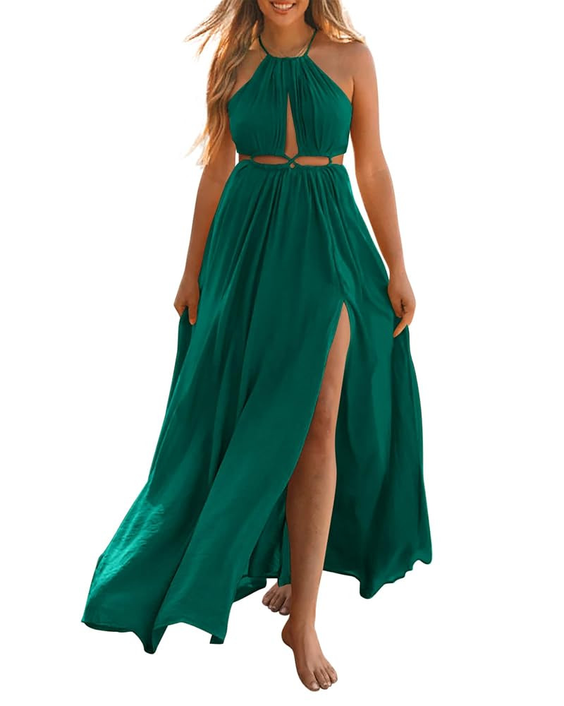 BTFBM Women Halter Summer Dresses 2025 Sleeveless Cutout Backless Sundress Slit Boho Casual Maxi ... | Amazon (US)