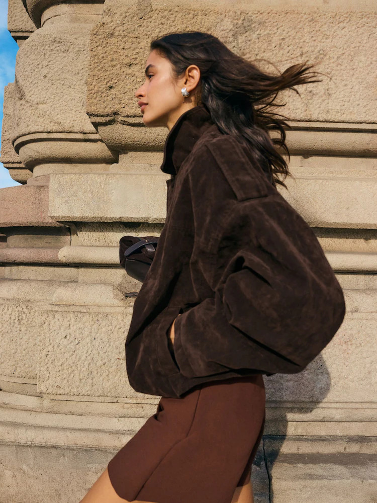 Friends Like These Chocolate Brown Faux Suede Bomber Jacket | Next US
