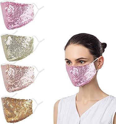 4 Pcs Glitter Sequin Face Cloth Mask - Reusable Bling Breathable Washable Designer for Women Masq... | Amazon (US)