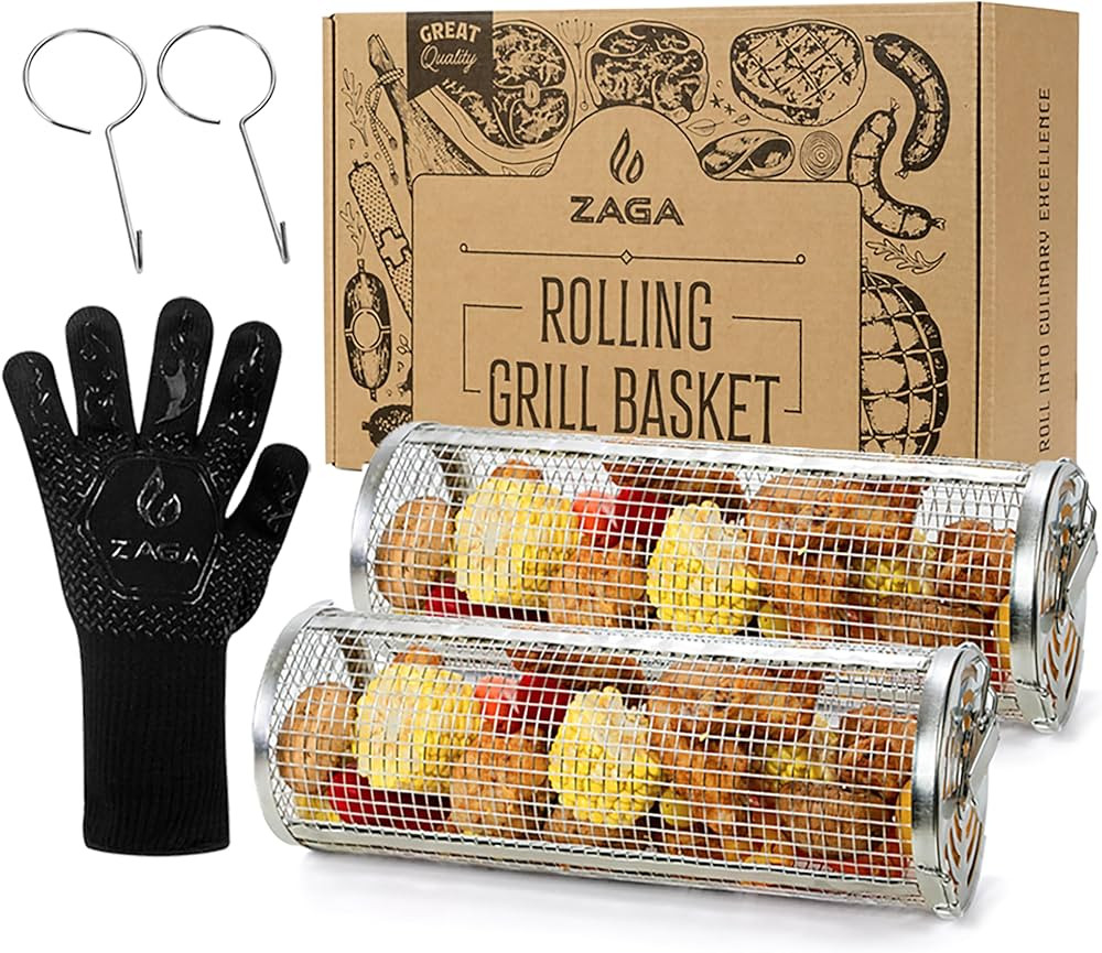 ZAGA Large Heavy Duty Rolling Grill Baskets for Outdoor Grill Vegetables Shrimp 2 Pcs with Secure... | Amazon (US)