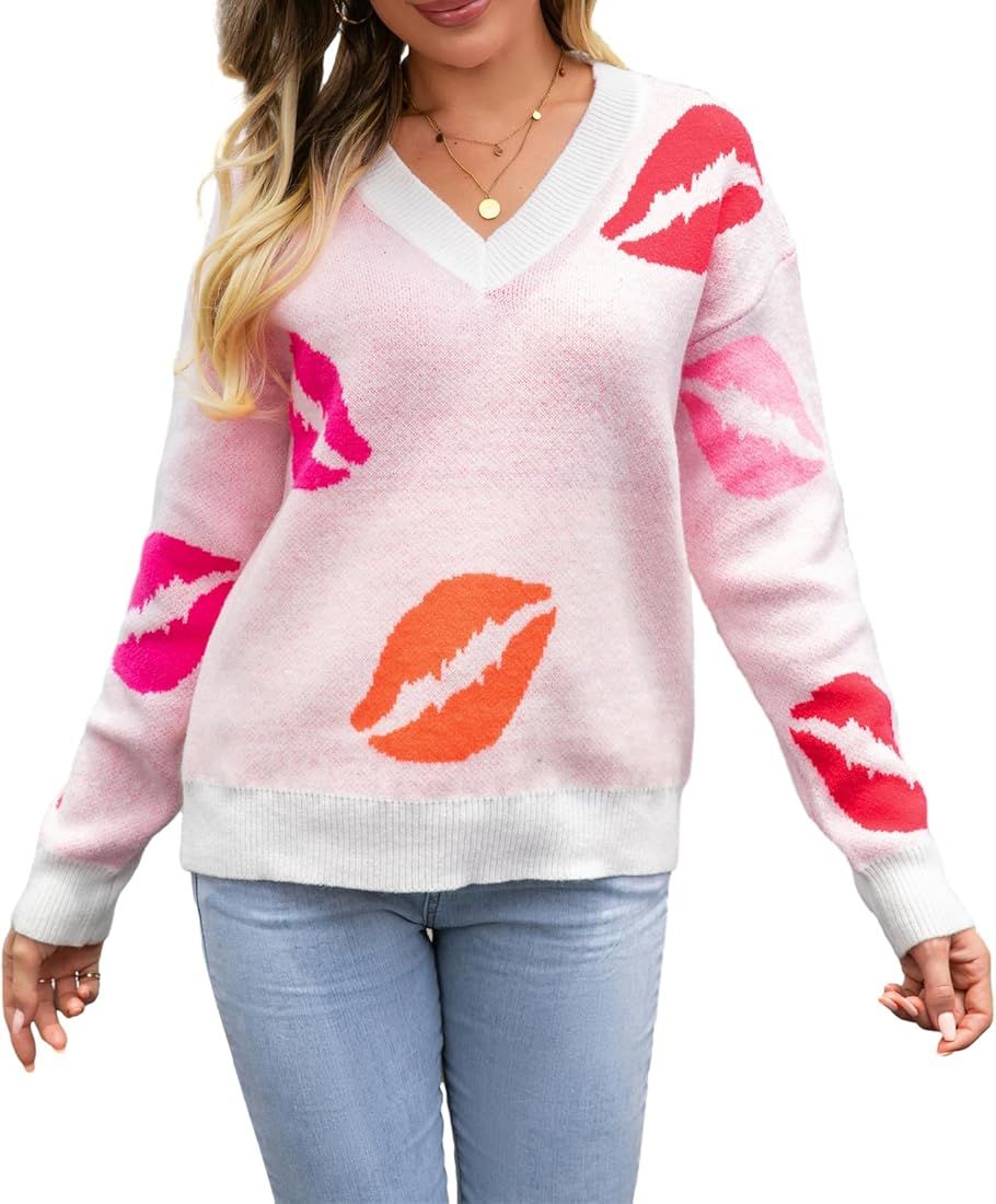 Women Cute Heart Print Sweaters Sexy Lips Graphic Long Sleeve Crewneck Knitted Pullover Fall Wint... | Amazon (US)