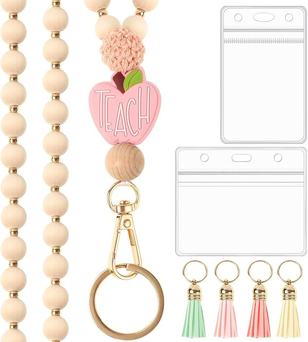 Teacher Gifts Lanyard with ID Holder Cute Wooden Beaded Lanyards for ID Card Badges Holder Boho Tassel Key Ring for Women | Amazon (US)