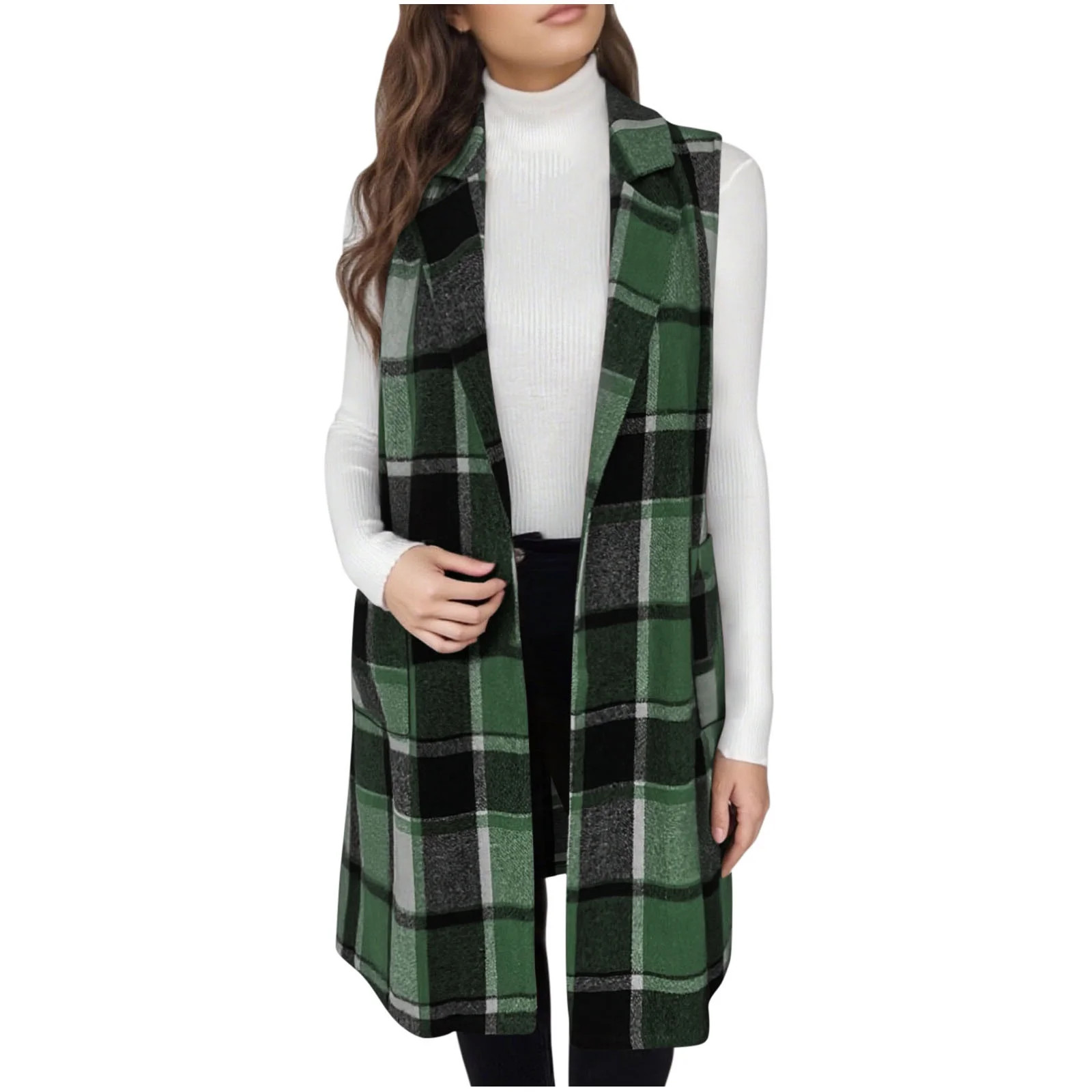 Womens Long Plaid Vest Jacket Casual Lapel Open Front Sleeveless Coat Shacket Fall Winter Lightwe... | Walmart (US)