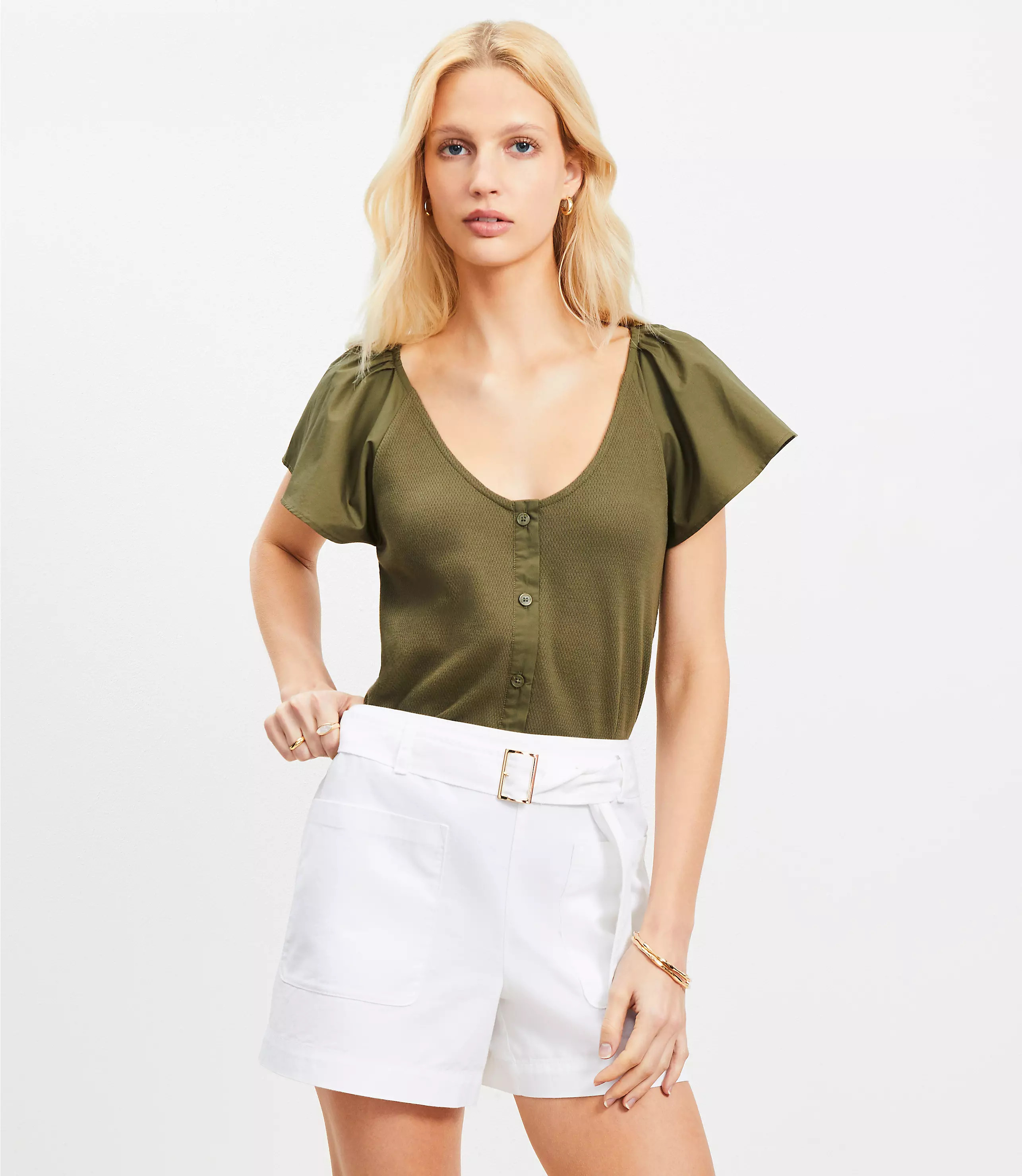 Flutter Sleeve Mixed Media Top | LOFT