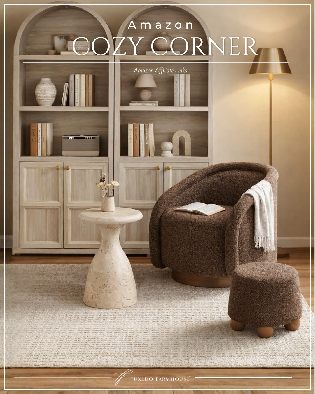Your new favorite cozy corner 🤎✨

Layered neutrals, warm wood tones, and the softest textures come together to create the ultimate reading nook. The oversized boucle chair is the star—perfectly paired with a sculptural stone side table and a warm brass floor lamp for that soft, ambient glow.

Styled with arched shelving and curated decor, this space feels calm, elevated, and effortlessly inviting… just add your current read 📖

#LTKhome #cozycorner #readingnook #neutralhome #amazonfinds #homedecor #collectedhome 

 