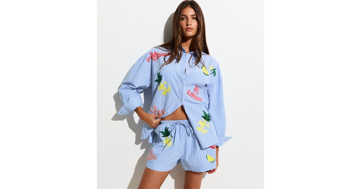Women's Blue Pina Fresca Striped Embroidered Shorts New Look | New Look (UK)