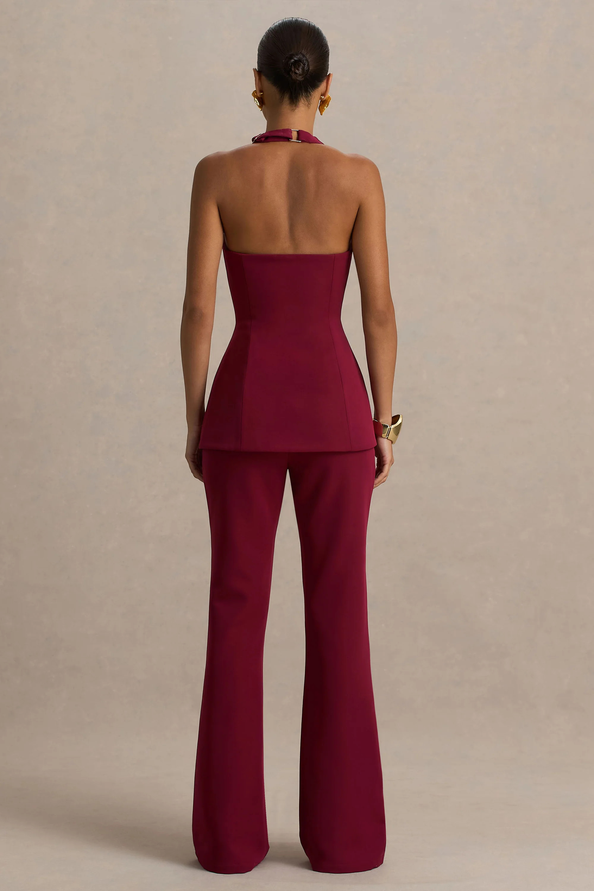 Carina | Burgundy Flared-Leg Tailored Trousers | Club L London
