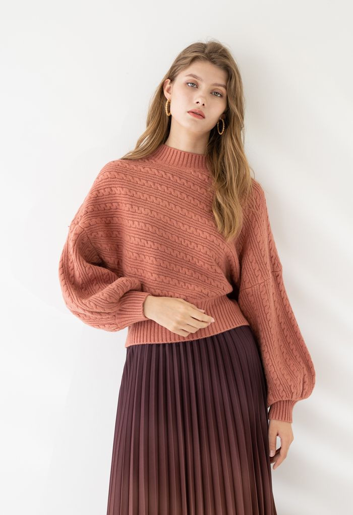 Batwing Sleeves Braid Knit Sweater in Coral | Chicwish