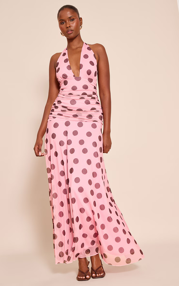 Pink Polka Dot Chiffon Halterneck Maxi Dress | PrettyLittleThing US
