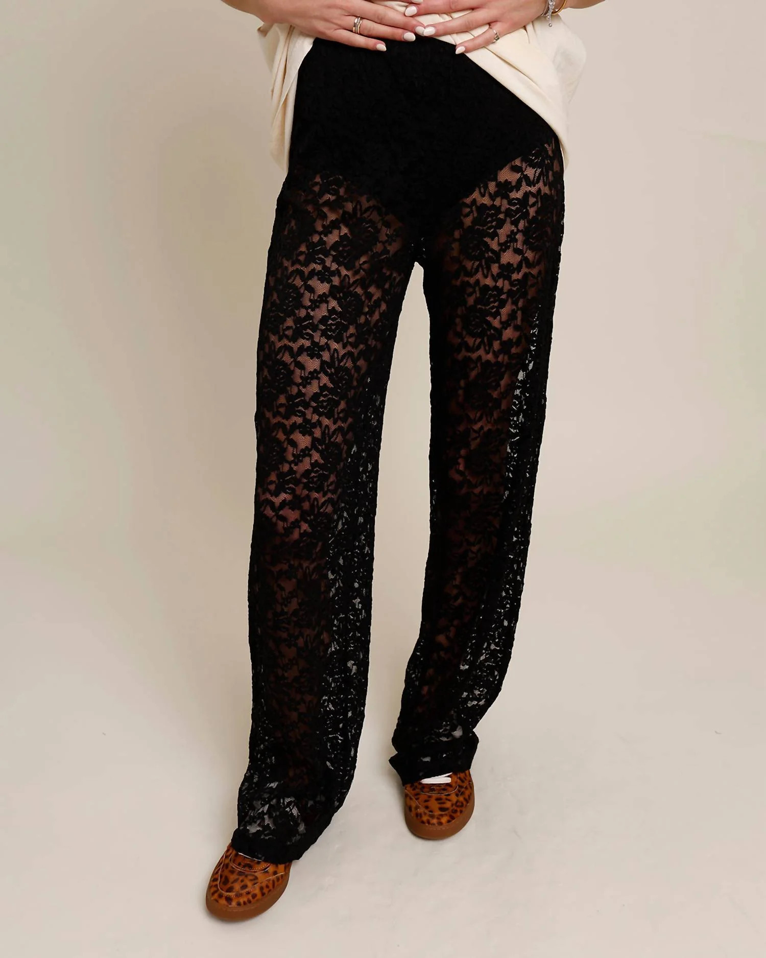 Sheer Lace Wide Leg Pants In Black | Shop Simon