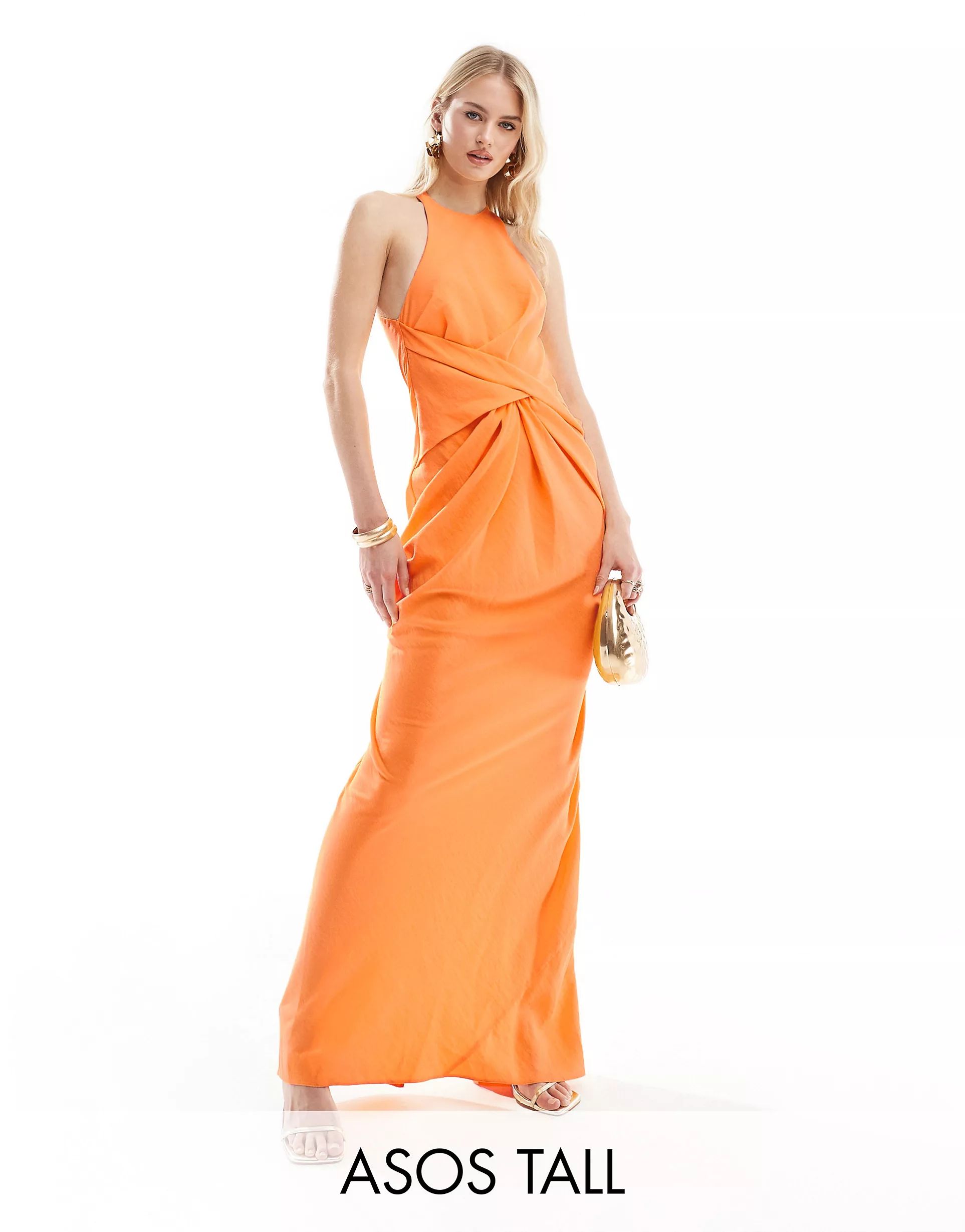 ASOS DESIGN Tall textured racer neck maxi dress with twist waist detail in orange | ASOS (Global)