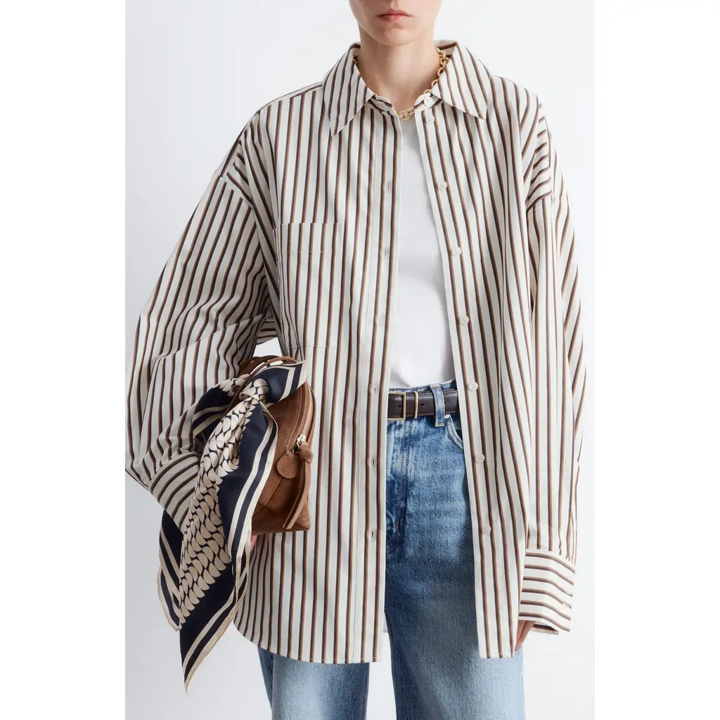 & Other Stories Stripe Oversize Cotton Button-Up Shirt in White Dusty Light at Nordstrom, Size Large | Nordstrom