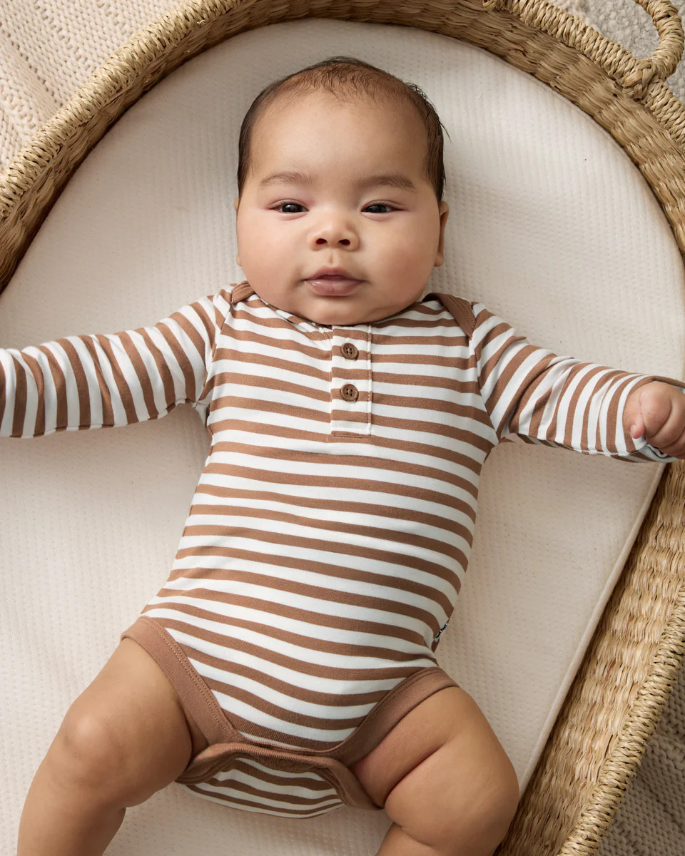 Chestnut Brown Stripe Henley Bodysuit | Little Sleepies